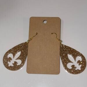 Handmade epoxy resin‎ dangle fleur de lis earrings - gold glitter